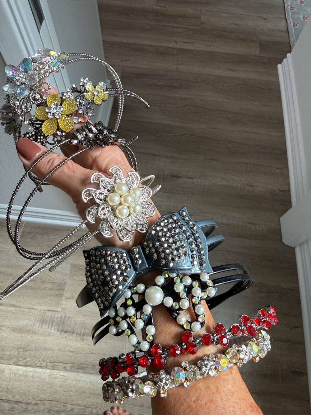 Crystal & Pearl Flower Headband Set - Black, Red, Yellow, Multicolor